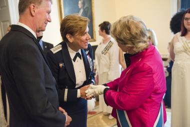 At National Defense Night of the 126th Continental Congress, DAR President General Ann Dillon greets keynote speaker, General Lori Robinson, and her husband Major General David Robinson, USAF (Ret).