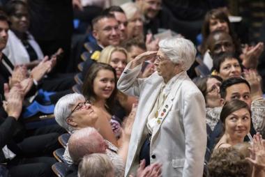 During the National Defense Night Ceremony, the President General took a moment to recognize a special friend of the DAR, Brigadier General Wilma Vaught, US Air Force (Ret), seen here saluting the audience. BG Vaught is the founder of the Women In Military Service For America Memorial Foundation and has dedicated her life to ensuring women service members are remembered and celebrated in our nation’s history.