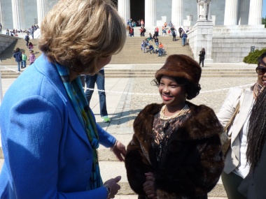 April 9, 2014 - President General Lynn Young congratulated the talented young Marian Anderson re-enactor for her wonderful performance. She presented an incredible first person Marian Anderson speech and performance of "My Country, 'Tis of Thee."