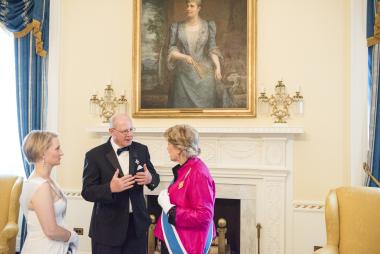 DAR President General Ann Dillon speaks with World War One Centennial Commissioner, Ambassador Tod Sedgwick, prior to the National Defense Night Ceremony when the DAR commemorated the Centennial of WWI. www.worldwar1centennial.org 