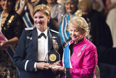 General Lori Robinson was also presented with the DAR Margaret Cochran Corbin Award for Distinguished Women in Military Service during the National Defense Night Ceremony. Gen. Robinson serves as the commander of the U.S. Northern Command (USNORTHCOM) and commander of the North American Aerospace Defense Command (NORAD). She is the first female officer to command a major Unified Combatant Command in the history of the United States Armed Forces and is the highest ranking woman in US military history.