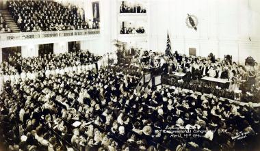 The 33rd Continental Congress in 1924, held in Memorial Continental Hall. The Daughters packed the auditorium so tightly that one of the resolutions passed at the 33rd Congress was authorization to proceed with tentative plans for building a bigger auditorium on the vacant land facing 18th Street. The following year, the Daughters were forced to split their meetings between Memorial Continental Hall and the Washington Auditorium.
