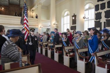The Honor Guard processes in the colors at the beginning of the Margaret Corbin Rededication Ceremony at the Old Cadet Chapel in the West Point Cemetery.