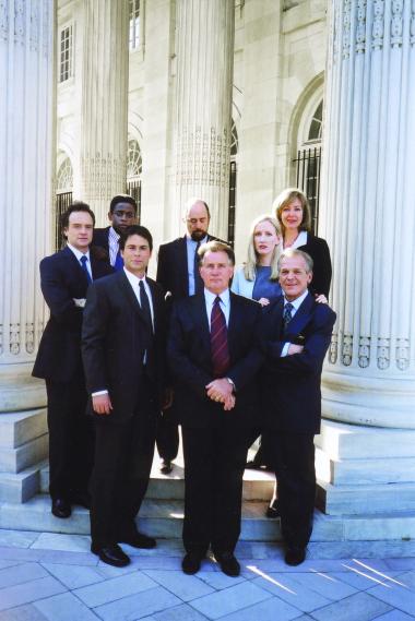 Nine episodes of the award-winning television series, “The West Wing,” featured scenes on the DAR Portico, in the Pennsylvania Foyer, the Library, the O’Byrne Gallery and several hallways. In this May 2000 photo, “The West Wing” cast members pose on the Portico of Memorial Continental Hall: (clockwise, left to right) Bradley Whitford, Dule Hill, Richard Schiff, Allison Janney, Janel Moloney, John Spencer, Martin Sheen and Rob Lowe.
