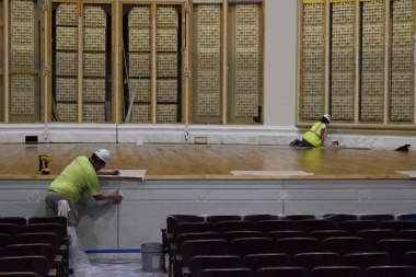The stage apron (the part extended into the seating area) was, for the most part, returned to its original design aesthetic, but instead of using plaster, as the original design had called for, hardy glass fiber reinforced gypsum (GFRG) was used to create the panels.