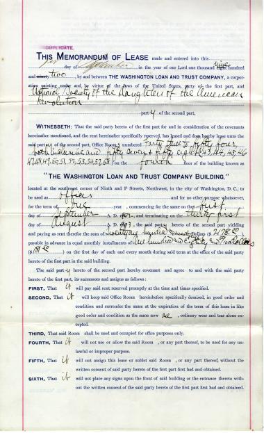 A lease from 1902 from the Washington Loan and Trust for early DAR office space before the headquarters was built.