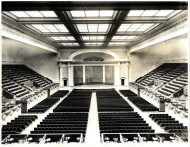 This restoration project worked to restore the look of the Constitution Hall stage back to being as similar as possible to its original appearance, which is shown in this 1930s era photograph.