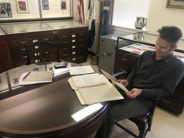Rob Rapley, writer, director and producer of the “Voice of Freedom” documentary researching Marian Anderson documents located in the NSDAR Archives in the DAR Americana Room in February 2020.