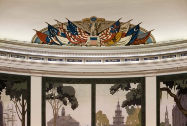 You can see how much more bright and clear the flag mural and the 13 state names are after being cleaned and restored.