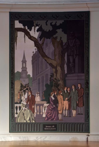 A detail of one of the screens over the acoustic panels. This painting depicts a scene in Charleston, South Carolina.