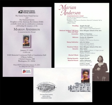 January 27, 2005 – DAR National Headquarters hosted the Mariam Anderson Commemorative Stamp Ceremony.  Here you can see the invitation, program and first day of issue stamp for this wonderful event
