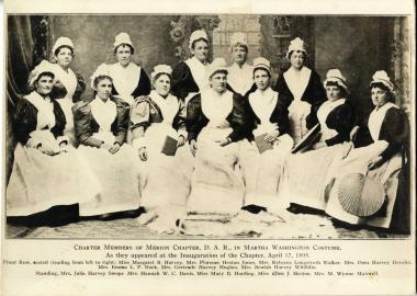 Photo of charter members of the Merion Chapter dressed in Martha Washington costume as they appeared at the inauguration of the chapter in April 17, 1895.