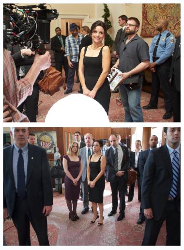 Portions of several episodes of HBO’s “VEEP” were filmed at DAR Headquarters during the show’s first season. Julia Louis-Dreyfus and other cast mates are pictured here before filming a scene in the NOC Assembly Room.
