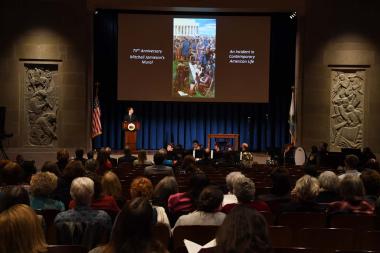 Desmond Herzfelder describing the importance of the Marian Anderson Mural as a civil rights monument. The celebration of the mural was initially championed by Desmond, a high school student from Massachusetts, who advocated for recognition of the little-known mural that depicts a milestone of the civil rights movement.  After researching and learning about the mural and its history for school, he became fascinated with it and believed the mural wasn’t getting its due, so he wrote and op-ed in The Washington