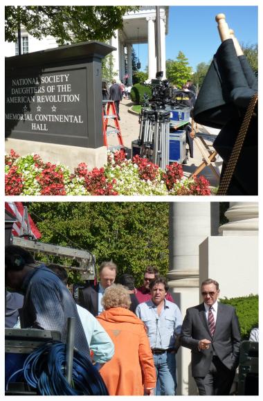 In 2014, the Netflix television series, “House of Cards,” used the 17th Street portico of Memorial Continental Hall to film a scene where they used the driveway to look like the outside of the White House. Kevin Spacey can be seen at the bottom right waiting between takes.