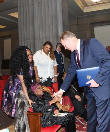 Department of the Interior Secretary Ryan Zinke greeting Blanche Burton Lyles, Founder of the Marian Anderson Historical Society