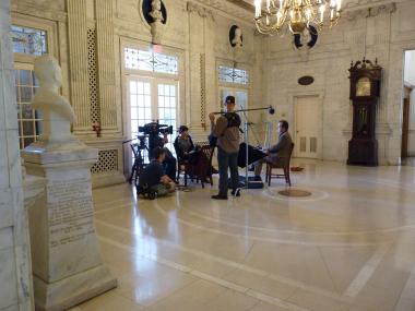 After learning about his ancestor from the genealogist, Bill Paxton was interviewed in the Pennsylvania Foyer of Memorial Continental Hall by the “Who Do You Think You Are?” production crew to discuss his feelings about what he had discovered at the DAR Library. 