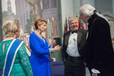 The evening’s special guests, Ambassador Barbara Barrett, Colin Calloway and Dean Malissa, mingle with President General Ann Dillon following the ceremony.
