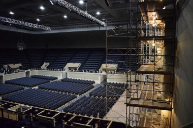 The scaffolding was constructed in three days and covered the entire expanse of the stage and 40 feet high to the ceiling.