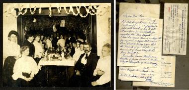 This photo that was donated to the NSDAR Archives collection is adhered to a black board. Letters with genealogy information and membership cards are taped to the back of this photo. Member cards are for Louisa Pine, who joined in 1909-1910, and her daughter, Carrie Pine Faulkner, who joined in 1921. The photo shows a celebration or party concerning DAR, circa 1910. The actual story behind the photo is unknown, as well as the names of the people in the photos.