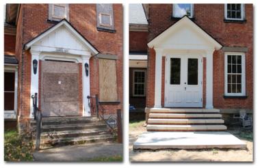 A DAR historic preservation grant was used by the Oshtemo Historical Society, in Kalamazoo, MI to restore the front entryway of the Benjamin Drake House to the 1880 to 1900 Victorian era. The front stoop and stairs were removed and replaced with concrete and decorative bricks. The lovely walnut inside doors were stripped and refinished. The security door was built to replicate the original doors and to protect the beautiful sandblasted glass.
