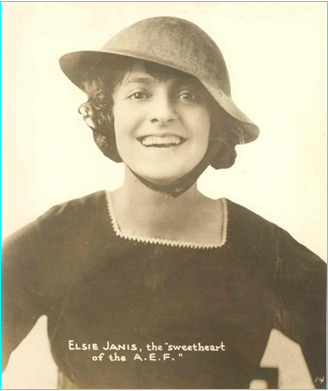 Elise Janis was a singer, songwriter, actress and screenwriter, becoming a successful Broadway performer in several shows including The Vanderbilt Cup, The Hoyden and The Century Girl. Janis never stopped advocating for the soldiers fighting in World War I, while actively raising funds for Liberty Bonds, and went to the front lines to entertain troops during the war. Her actions earned her the title “the sweetheart of the AEF (American Expeditionary Force).” (link full bio here)