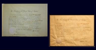2012 Grant Recipient, Historical Preservation Category: Jefferson County Historical Society, Watertown, N.Y. Dated May 18, 1864, and bearing Abraham Lincoln's signature, this diplomatic commission promoting Augusts Hanabergh of New York to serve in the United States embassy in Colombia was cleaned and restored. Before (left) a large tear threatened the document; After (right).