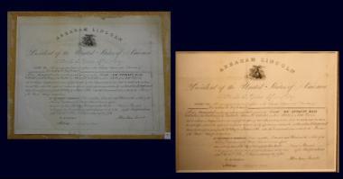 2012 Grant Recipient, Historical Preservation Category: Jefferson County Historical Society, Watertown, N.Y. A commission appointing Cornelius Inglehart as the Customs Collector of Sackets Harbor, N.Y., signed by President Abraham Lincoln on March 30, 1861 was cleaned and restored. Before (left) adhesive used to attach the commission to a wood pulp board was disintegrating the document; After (right).