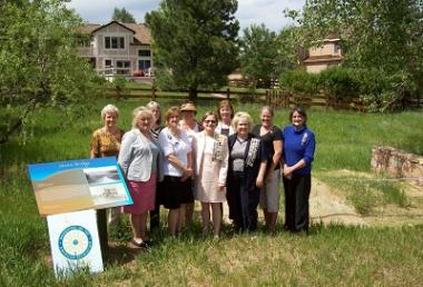 2011 Grant Recipient, Historical Preservation Category: Ken-Caryl Ranch Historical Society, Littleton, Colo. Bridge dedication ceremony. Darla Schaffer, great-granddaughter John Shaffer cattle rancher and property owner, Jeff Allison, Historical Society Chairman, Darla Desautels, Columbine Chapter Regent, Marcy Kimminau, Special Projects Grants National Chairman, and members of the sponsoring Columbine Chapter.