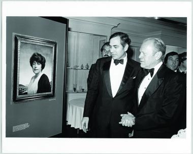 Former President Gerald Ford, who offered the dedication speech for the exhibit, and Ambassador John L. Loeb Jr., New York investment banker and philanthropist, admire a portrait of Ambassador Loeb’s late grandmother, Adeline Moses Loeb, who was a DAR member and the inspiration for Ambassador Loeb to initiate the exhibit in her honor. 