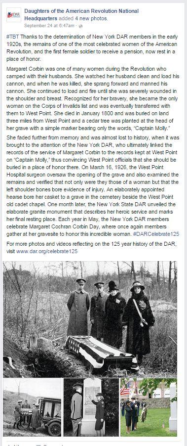 #‎TBT‬ Thanks to the determination of New York DAR members in the early 1920s, the remains of one of the most celebrated women of the American Revolution, and the first female soldier to receive a pension, now rest in a place of honor. Margaret Corbin was one of many women during the Revolution who camped with their husbands. She watched her husband clean and load his cannon, and when he was killed, she sprang forward and manned his cannon. She continued to load and fire until she was severely wounded in th
