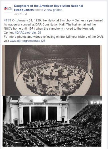‪#‎TBT‬ On January 31, 1930, the National Symphony Orchestra performed its inaugural concert at DAR Constitution Hall. The hall remained the NSO’s home until 1971 when the symphony moved to the Kennedy Center. ‪#‎DARCelebrate125‬  For more photos and videos reflecting on the 125 year history of the DAR, visit www.dar.org/celebrate125