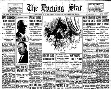 The front page of The Evening Star newspaper on October 26, 1929, shows an article on the right side about the oratorical contest held in Constitution Hall that evening.