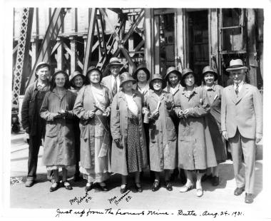 1931 - President General Edith Hobart, Honorary President General Grace Brosseau and members of the Montana State Society after a tour of the Leonard Mine in Butte, MT.