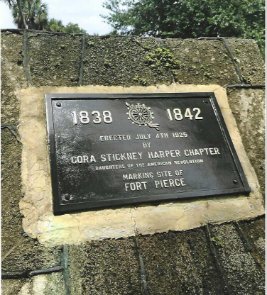 The Old Fort Pierce marker in Fort Pierce, Florida, was originally dedicated in 1925 to mark the spot of a U.S. Army supply depot used during the Second Seminole War. Sometime in 1980, the marker went missing from the monument and was replaced by a marker created by a Boy Scout for his Eagle Scout project. In 1981, the original DAR marker was found and returned to the Cora Stickney Harper Chapter of the DAR. An arrangement was made to have both the DAR and the Boy Scouts’ marker installed on the site. Resto