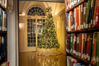 A Christmas tree lit up with lights and decorated with ornaments.