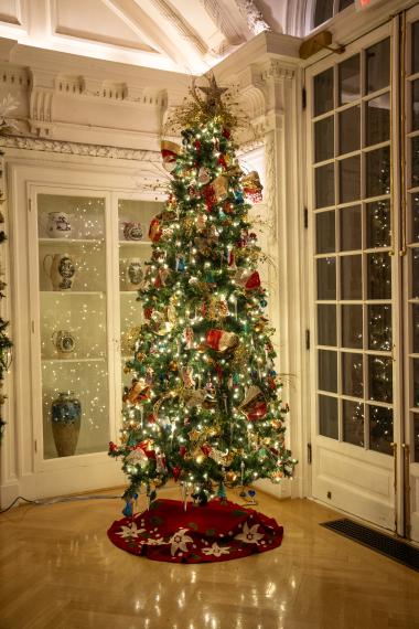 A Christmas tree decorated with lights and ornaments.