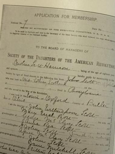 First Lady Caroline Scott Harrison's application papers