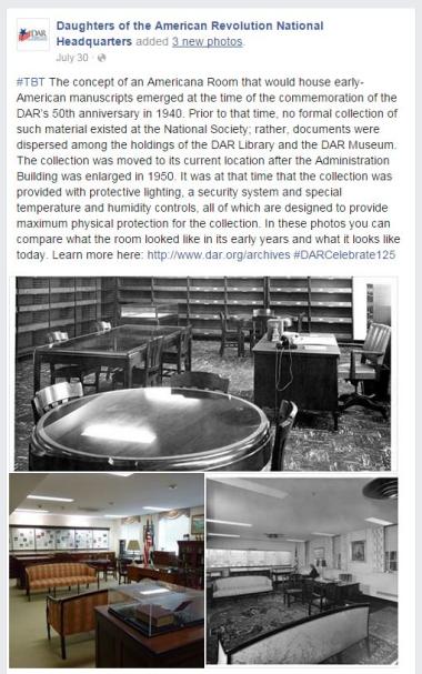 ‪#‎TBT‬ The concept of an Americana Room that would house early-American manuscripts emerged at the time of the commemoration of the DAR’s 50th anniversary in 1940. Prior to that time, no formal collection of such material existed at the National Society; rather, documents were dispersed among the holdings of the DAR Library and the DAR Museum. The collection was moved to its current location after the Administration Building was enlarged in 1950. It was at that time that the collection was provided with pr