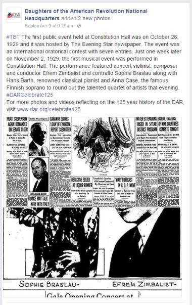 #‎TBT‬ The first public event held at Constitution Hall was on October 26, 1929 and it was hosted by The Evening Star newspaper. The event was an international oratorical contest with seven entries. Just one week later on November 2, 1929, the first musical event was performed in Constitution Hall. The performance featured concert violinist, composer and conductor Efrem Zimbalist and contralto Sophie Braslau along with Hans Barth, renowned classical pianist and Anna Case, the famous Finnish soprano to round