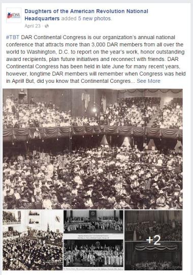 ‪#‎TBT‬ DAR Continental Congress is our organization’s annual national conference that attracts more than 3,000 DAR members from all over the world to Washington, D.C. to report on the year’s work, honor outstanding award recipients, plan future initiatives and reconnect with friends. DAR Continental Congress has been held in late June for many recent years, however, longtime DAR members will remember when Congress was held in April! But, did you know that Continental Congress was actually held in February 