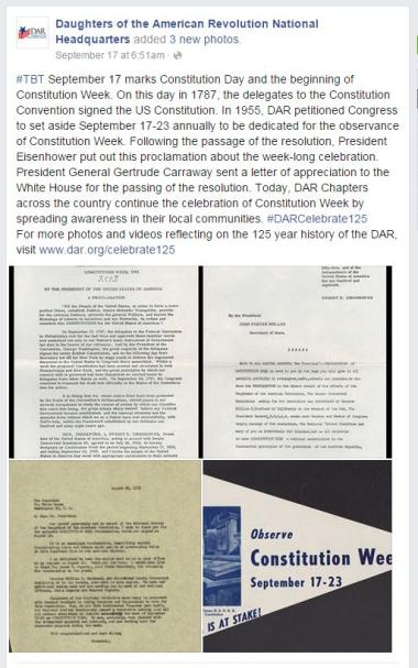 ‪#‎TBT‬ September 17 marks Constitution Day and the beginning of Constitution Week. On this day in 1787, the delegates to the Constitution Convention signed the US Constitution. In 1955, DAR petitioned Congress to set aside September 17-23 annually to be dedicated for the observance of Constitution Week. Following the passage of the resolution, President Eisenhower put out this proclamation about the week-long celebration. President General Gertrude Carraway sent a letter of appreciation to the White House 