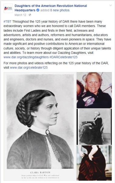 #‎TBT‬ Throughout the 125 year history of DAR there have been many extraordinary women who we are honored to call DAR members. These ladies include First Ladies and firsts in their field, actresses and adventurers, artists and authors, reformers and humanitarians, educators and engineers, doctors and nurses, and even pioneers in space. They have made significant and positive contributions to American or international culture, society, or history through diligent application of their unique talents and abili