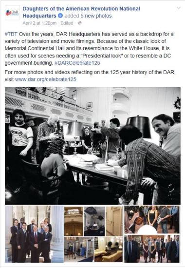 #‎TBT‬ Over the years, DAR Headquarters has served as a backdrop for a variety of television and movie filmings. Because of the classic look of Memorial Continental Hall and its resemblance to the White House, it is often used for scenes needing a "Presidential look" or to resemble a DC government building. ‪#‎DARCelebrate125‬ For more photos and videos reflecting on the 125 year history of the DAR, visit www.dar.org/celebrate125