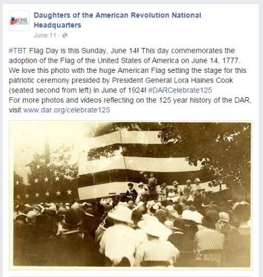 ‪#‎TBT‬ Flag Day is this Sunday, June 14! This day commemorates the adoption of the Flag of the United States of America on June 14, 1777. We love this photo with the huge American Flag setting the stage for this patriotic ceremony presided by President General Lora Haines Cook (seated second from left) in June of 1924! ‪#‎DARCelebrate125‬ For more photos and videos reflecting on the 125 year history of the DAR, visit www.dar.org/celebrate125