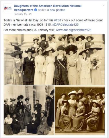 Today is National Hat Day, so for this ‪#‎TBT‬ check out some of these great DAR member hats circa 1909-1915. ‪#‎DARCelebrate125‬ For more photos and DAR history visit, www.dar.org/celebrate125
