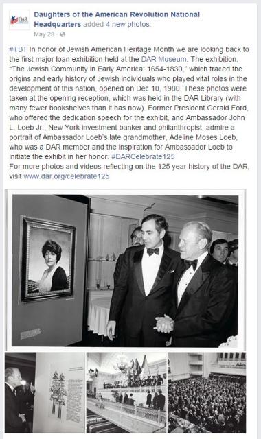 ‪#‎TBT‬ In honor of Jewish American Heritage Month we are looking back to the first major loan exhibition held at the DAR Museum. The exhibition, “The Jewish Community in Early America: 1654-1830,” which traced the origins and early history of Jewish individuals who played vital roles in the development of this nation, opened on Dec 10, 1980. These photos were taken at the opening reception, which was held in the DAR Library (with many fewer bookshelves than it has now). Former President Gerald Ford, who of