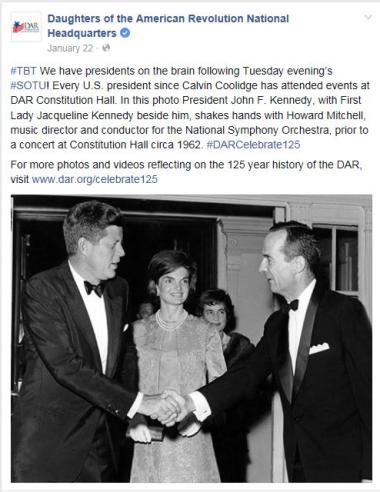 #‎TBT‬ We have presidents on the brain following Tuesday evening’s ‪#‎SOTU‬! Every U.S. president since Calvin Coolidge has attended events at DAR Constitution Hall. In this photo President John F. Kennedy, with First Lady Jacqueline Kennedy beside him, shakes hands with Howard Mitchell, music director and conductor for the National Symphony Orchestra, prior to a concert at Constitution Hall circa 1962. ‪#‎DARCelebrate125‬ For more photos and videos reflecting on the 125 year history of the DAR, visit www.d