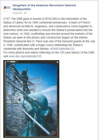 ‪#‎TBT‬ The DAR gave in excess of $750,000 to the restoration of the Statue of Liberty for its 1986 centennial anniversary. A team of French and American architects, engineers, and conservators came together to determine what was needed to ensure the Statue's preservation into the next century. In 1984, scaffolding was erected around the exterior of the Statue (as seen in this photo) and construction began on the interior. President General Ann D. Fleck was one of the honored guests at the July 4, 1986, red