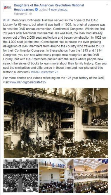 #‎TBT‬ Memorial Continental Hall has served as the home of the DAR Library for 65 years, but when it was built in 1905, its original purpose was to host the DAR annual convention, Continental Congress. Within the first 20 years after Memorial Continental Hall was built, the DAR had already grown out of this 2,000 seat auditorium and began construction in 1929 on the 4,000 seat (at the time) Constitution Hall to house the ever-growing delegation of DAR members from around the country who traveled to DC for t